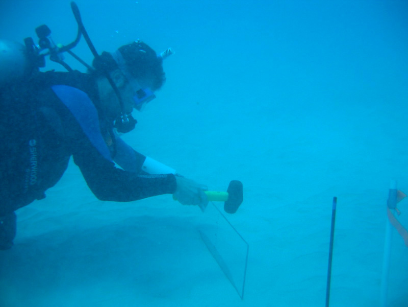 Postdoctoral researcher Andy Hebert installs a sediment window.